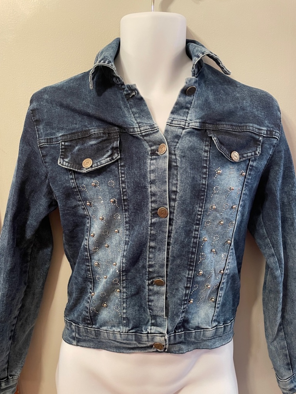 Sparkly Studded Embellished Dark Blue Faded Urban Coquette Coastal Denim Jacket